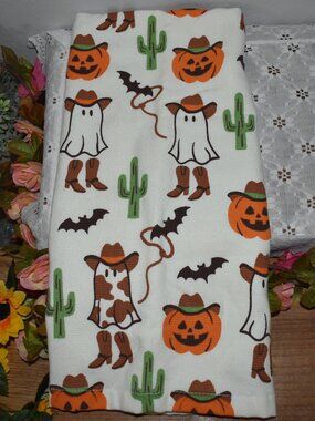 Western Cowboy Cow Ghost Bats Jack O Lantern Pumpkin Cactus Halloween Hand Towel
